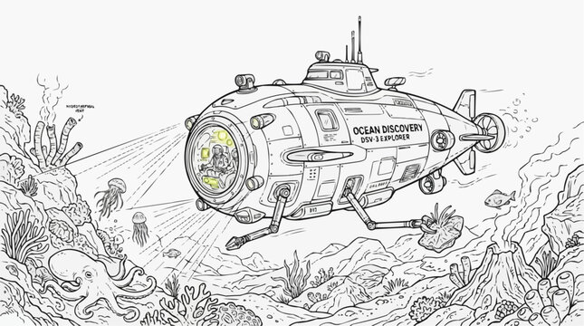 Advanced Submarine Ocean Discovery DSV 3 Explorer Navigates Deep Sea Floor with Octopus and Volcano