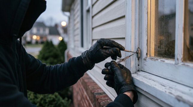 A person in a black hoodie and gloves attempts to pick a lock on a window during dusk. The scene suggests a burglary in progress.