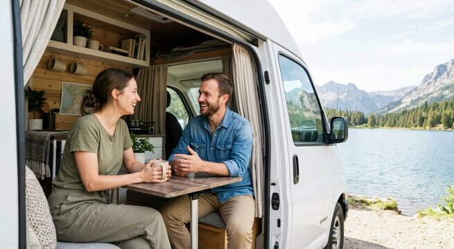 Happy couple sitting inside a camper van with an open door. Man and woman drinking coffee and enjoying a scenic lake and mountain view. Van life travel and outdoor adventure concept