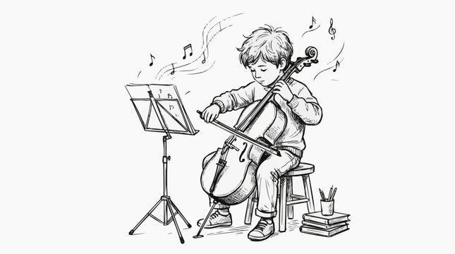 Young boy practicing cello with sheet music and musical notes floating around him