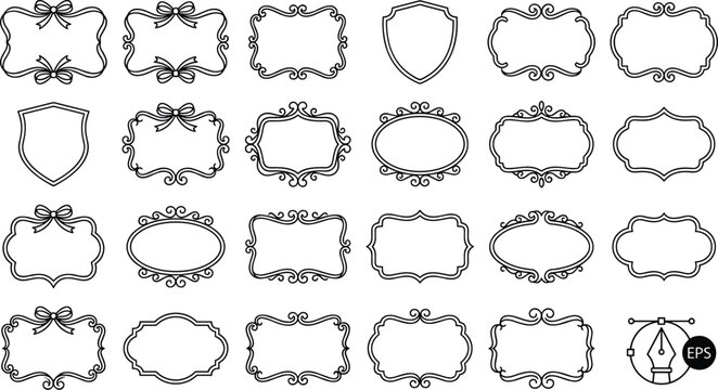 Collection of decorative vintage ornate frames and borders with bows and shield shapes for graphic design elements