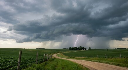 Fototapeta premium Bright lightning strike from a dark thunderstorm cloud over a rural farming landscape. Dramatic summer weather with heavy rain and a dirt road through green fields