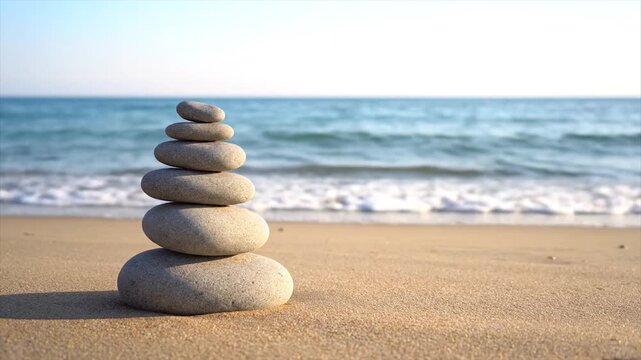 Stacked smooth stones balance delicately on a sandy beach with gentle ocean waves rolling onto the shore in the background.