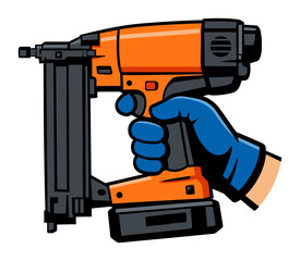 Naklejka premium Blue-gloved hand grips an orange nail gun, with a worker fastening and building using the power tool