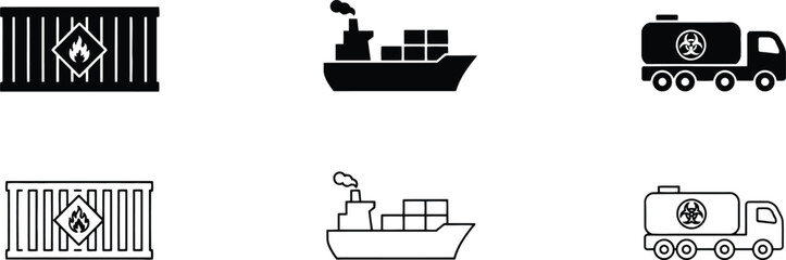 Obraz premium Set of black and white logistics featuring a shipping container with fire symbol, cargo ship, and biohazard tanker truck