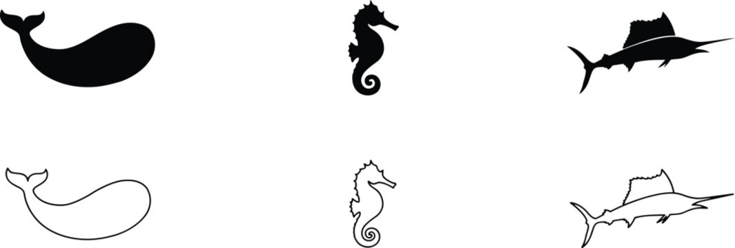 Set of black and white marine animal featuring a whale, seahorse, and sailfish in solid silhouette and outline styles