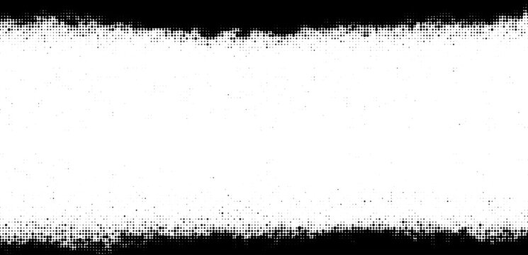 Halftone vector background with grunge frame borders and noise dots pattern. Vintage textured template for retro comic books, pop art posters, advertising photo overlay. Vector halftone background