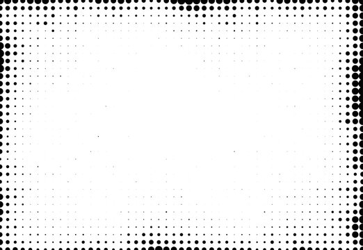 Black Halftone Dot Frame with White Copy Space. Overlay Minimal monochrome stamp, halftone background with black dots forming a soft border around clean white copy space. Dotted backdrop
