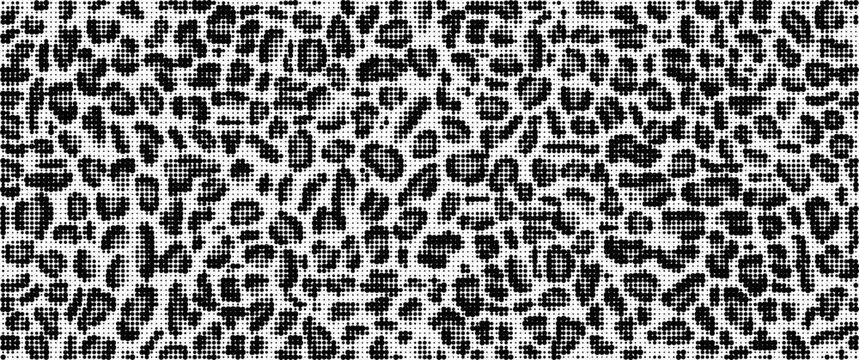 Halftone leopard animal print skin dots pattern. Dotted background, monochrome fashion texture for textile fabrics, backdrop, pop art posters, overlay texture. Vector halftone leopard pattern