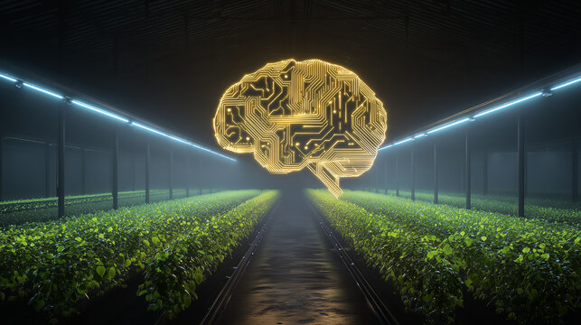 A farmer managing a smart automated greenhouse, with a glowing brain hologram analyzing soil data, plant health, and ecosystem vital metrics. farmer, greenhouse, agriculture, smart