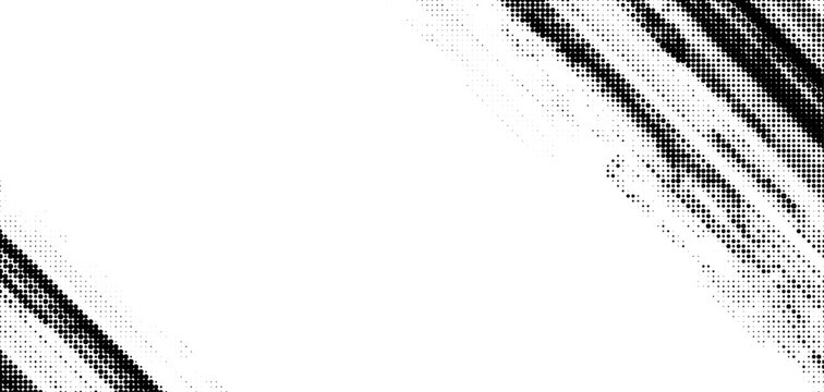 Diagonal Halftone Corner Frame with White Copy Space. Minimal black and white abstract background with diagonal halftone dot stripes in opposite corners. Dotted background for overlay. Vector stamp