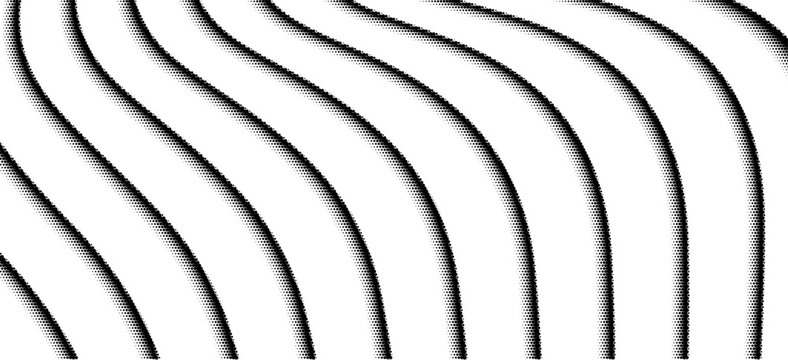 Curved Black Halftone Stripe Pattern Background. Minimal monochrome abstract background with flowing curved halftone stripes on white. Overlay dotted stamp. Vector monochrome backdrop