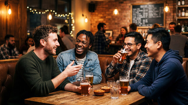 Diverse group of male friends laughing and drinking beer at pub