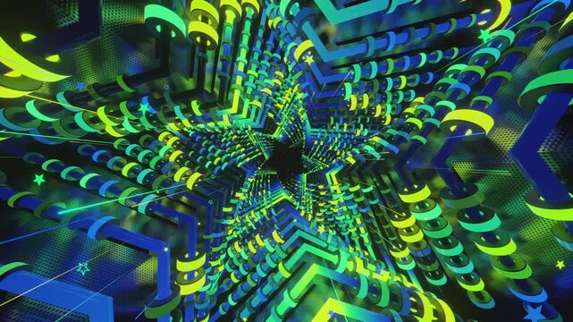 4k seamless VJ loop of a futuristic star-shaped tunnel. Abstract digital vortex with rhythmic motion and geometric elements, for electronic music festivals, high-tech club visuals, stage screens.