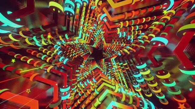 4k seamless VJ loop of a futuristic star-shaped tunnel. Abstract digital vortex with rhythmic motion and geometric elements, for electronic music festivals, high-tech club visuals, stage screens.