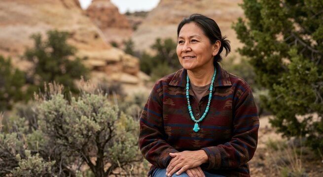 Portrait of a smiling Indigenous woman wearing a traditional turquoise beaded necklace. Native elder sitting outdoors in a desert landscape with sandstone rocks