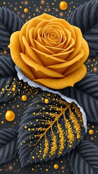 Luxury yellow rose botanical art with dark leaves and golden dust particles.