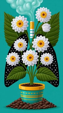 Conceptual illustration of white flowers blooming inside dark black human lungs smoker detox metaphor.