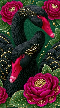 Decorative maximalist illustration of elegant black swans with dark pink flowers.