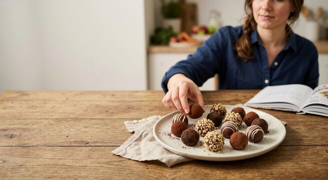 Woman picking a handmade chocolate truffle from a plate on a wooden table. Female person tasting assorted sweet candies with open recipe book in kitchen. Copy space for text