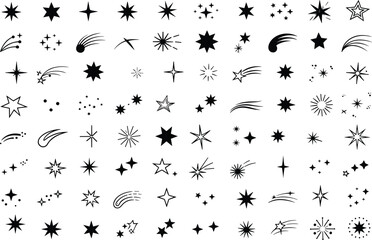Black star sparkle vector set with magical firework bursts celestial meteors retro starburst icons and glowing twinkle shapes © Yesrath Hasan Sobuj