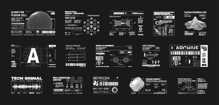 Tech labels and futuristic decals vector set with industrial tags, sci-fi micrographics, lettering, fake logo, industrial blueprints, barcodes. HUD graphics cyberpunk. Vector Micrographic labels, tags
