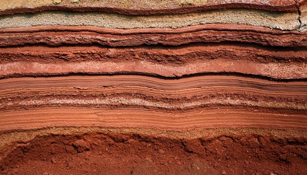 close up texture of layered geological soil strata showing horizontal bands of red clay and brown earth