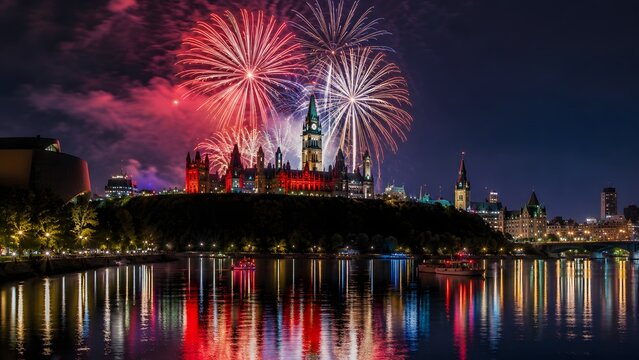 Fireworks over parliament hill in ottawa, canada, during canada day celebrations