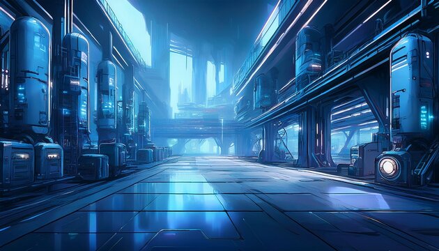 business flyer layout with blue accents cyberpunk style warehouse of the city of the future
