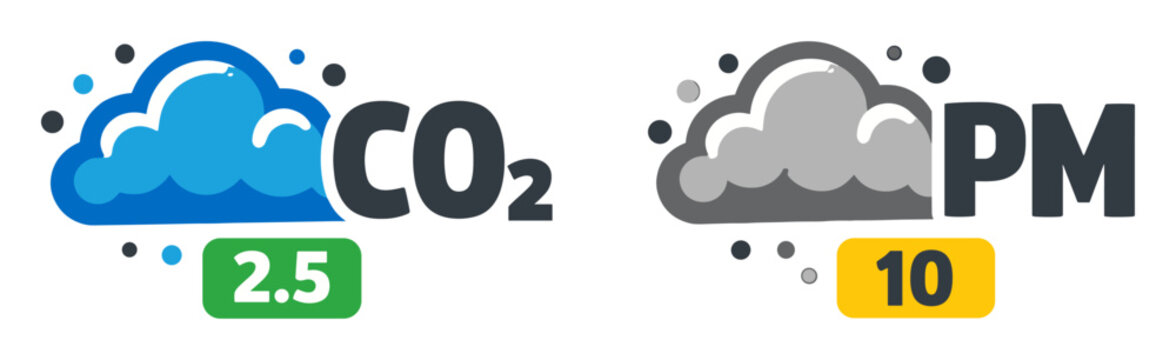 Displaying carbon-dioxide, PM2.5 and PM10 icons, highlighting environmental health risk
