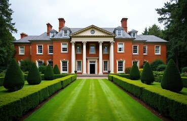 Fototapeta premium Grand brick mansion with white columns, manicured hedges. Rich green lawn leads to impressive entrance. Tall evergreen trees frame stately residence. Architecture shows classical symmetry, design.