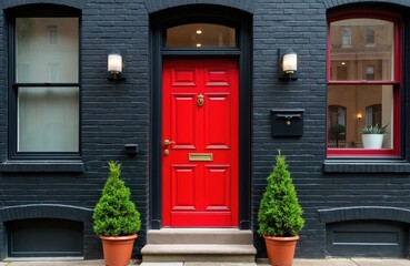 Fototapeta premium Bright red door stands out on dark brick facade. Two evergreen potted trees frame the entrance. Modern urban home exterior, front view, classic details invite.