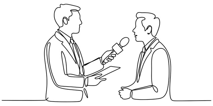 Journalist interviewing a man with a microphone and notepad, one line drawing Vector, illustration