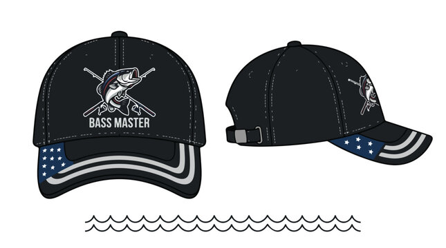 Black baseball cap with white and blue embroidered American flag design and fishing themed logo