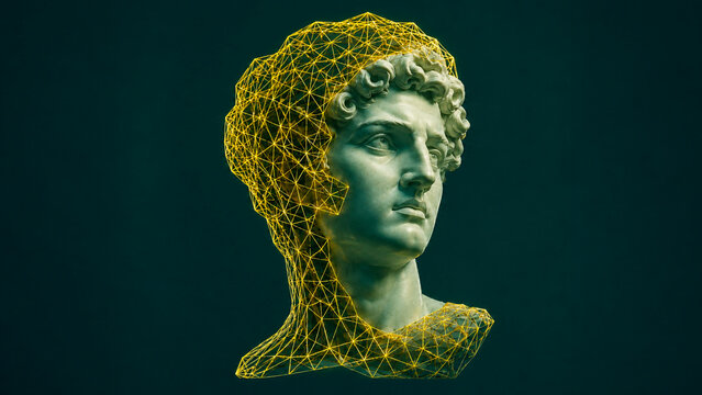 A classical green bust merges with a glowing golden wireframe on a dark background.