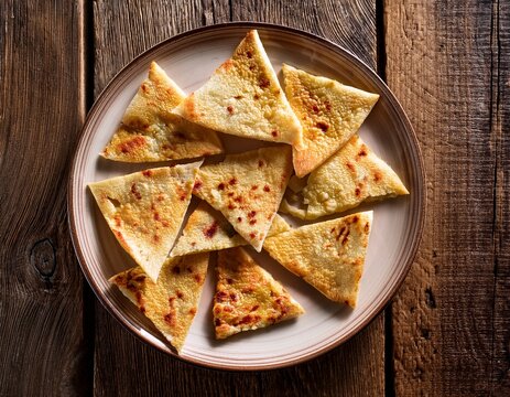 triangular slices of farinata arranged on plate with rustic wooden surface underneath