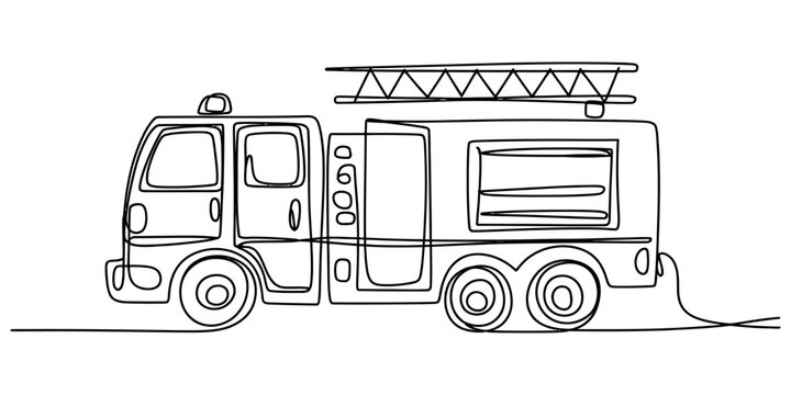 Simple black line drawing of a fire truck with a ladder on top, side view Vector, illustration