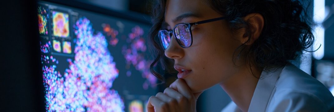 A researcher studies colorful single-cell sequencing clusters on a large monitor, heat maps and scatter plots floating around the screen, focused mood, cool studio lighting, three-quarter composition.