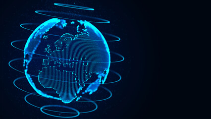 A digital model of the Earth created from glowing dots and lines. Energy orbits revolve around the planet, emphasizing global connections and the continuous exchange of information. © Anna