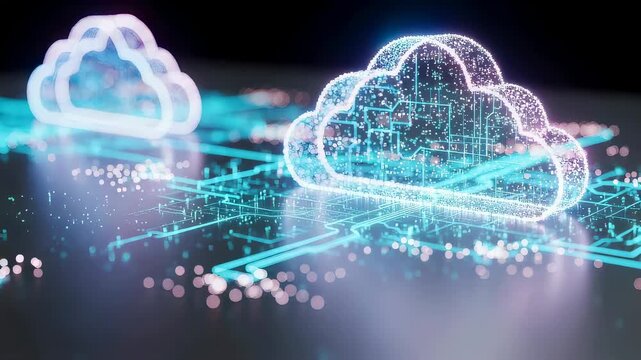 Glowing digital cloud icons floating over circuit board lines. Futuristic ai data storage network and information processing abstract technology visualization concept.
