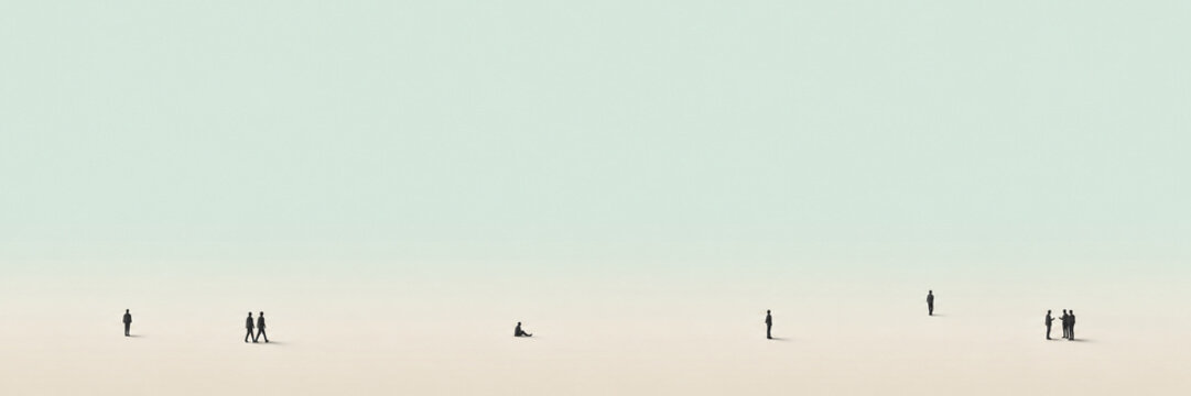 Tiny scattered people in a vast minimalist landscape symbolizing isolation, distance and human connection.