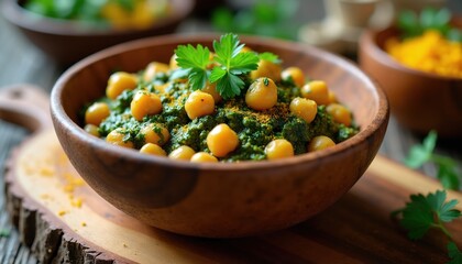 Obraz premium Chickpea spinach curry served in rustic wooden bowl. Green leafy mixture with yellow peas garnished with parsley. Healthy vegan meal with Indian spices.