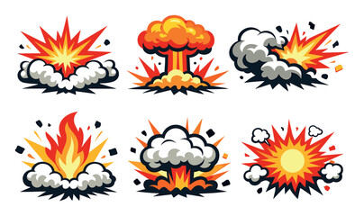 Obraz premium Bombs exploding, fire blasting, and mushroom clouds rising with smoke, flames, and debris