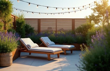 Obraz premium Rooftop patio with lounge chairs and string lights. Rich plants and lavender surround wooden furniture. Ideal for relaxation and outdoor entertaining with city views.
