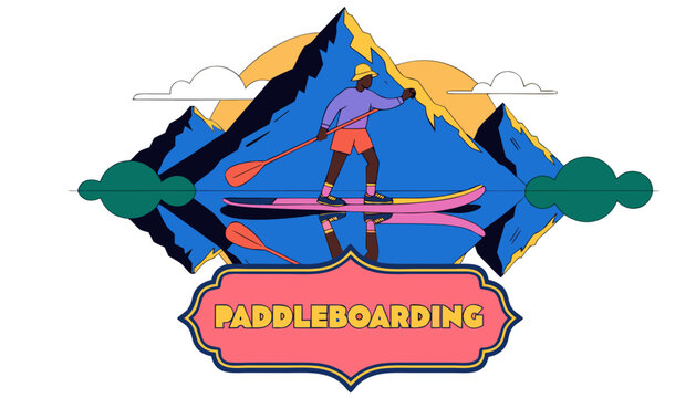 Very beautiful colorful vector illustration featuring a PADDLEBOARDER gliding across a calm mountain lake, crystal reflections, golden morning light, balanced athletic stance, and decorative label rea