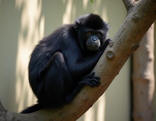 Fototapeta premium Black monkey sits on a tree branch, looking at camera. Furry primate with orange eyes rests peacefully in a zoo enclosure. Wild animal exhibit background.