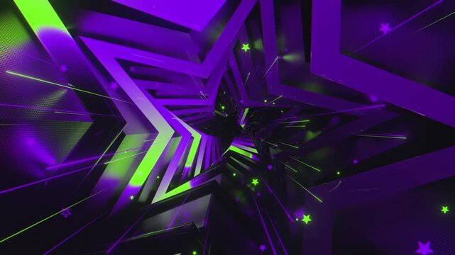 4k seamless VJ loop of a futuristic star-shaped tunnel. Abstract digital vortex with rhythmic motion and geometric elements, for electronic music festivals, high-tech club visuals, stage screens.