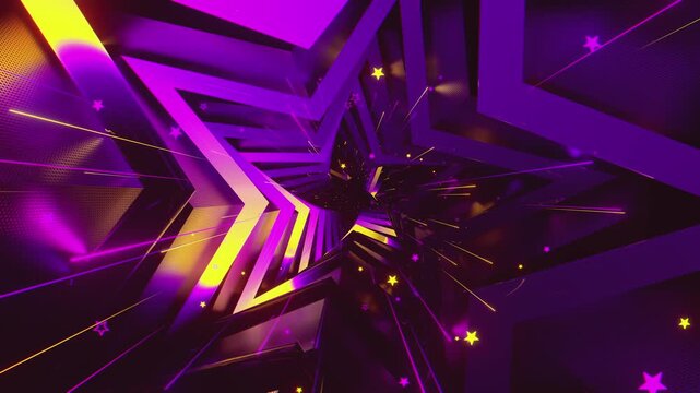 4k seamless VJ loop of a futuristic star-shaped tunnel. Abstract digital vortex with rhythmic motion and geometric elements, for electronic music festivals, high-tech club visuals, stage screens.