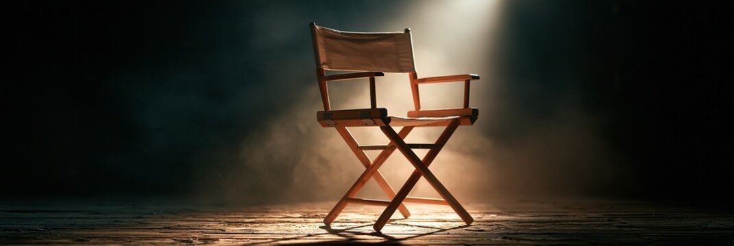 An empty director&acirc;&euro;&trade;s chair on a vintage film set, spotlight cutting through dusty air, nostalgic and respectful mood, low-key lighting, centered composition with soft background bokeh.