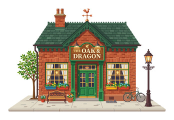 Fototapeta premium Brick building showcases an English pub style, displaying a distinctive sign, green roof, and decorative details